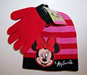 Disney MINNIE MOUSE maglia CAPPELLO BERRETTO berretto e GUANTI SET rosa rosso nero scintillante NUOVO! - Foto 1 di 3