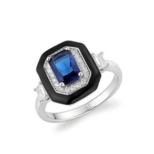 Dark Blue Sapphire, White Cubic Zirconia & Black Enamel Art Deco Halo Style Ring - Picture 1 of 7