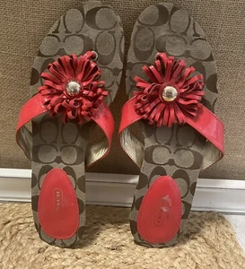 COACH Sparkle Serenity Red Patent Leather Flip Flops Sandals Charms Women 10 - Picture 1 of 8