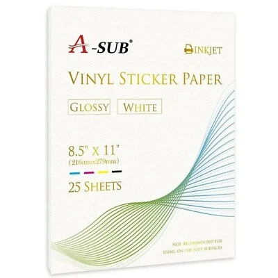 A-SUB Printable Vinyl Glossy Sticker Paper for Inkjet Printer Cricut 25 Sheets