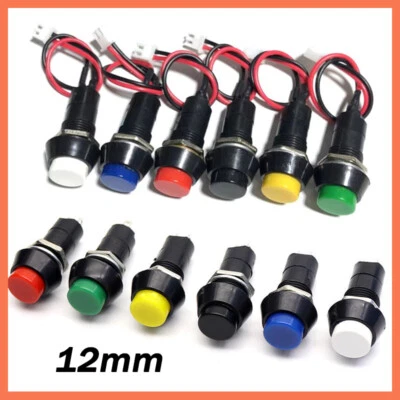 12mm Push Button Switch With Cable Momentary Latching Red Green Black Blue White - Image 1 of 4
