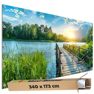 Garten Sichtschutz Plane PVC Bauzaunblende Deko Banner Motiv See Brücken Steg - Bild 1 von 12
