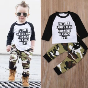 Toddler Kids Baby Boy Clothes Letter Print Long Sleeve Tops+Camouflage Pants Set - Picture 1 of 12