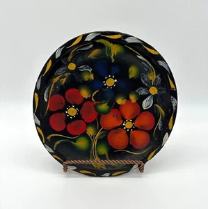 Vintage Wooden Wall Hanging Plate Floral Decorative Round Black Red Blue Flowers - Picture 1 of 8