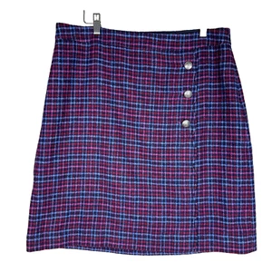 Talbots Skirt 12 NWOT Wool Blend Plaid Purple Blue Pink Decorative Button Front - Picture 1 of 10