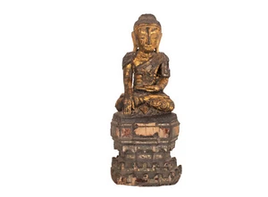 Ein Antiker , Sitzender Buddha. Aus lackierten & vergoldetem Holz. Burma 19. Jh. - Bild 1 von 10