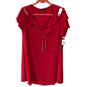 Luxology Women Sz L Red Cold Shoulder Short Sleeve Shift Dress Chain Tassel New - Picture 1 of 7