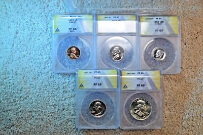 1953 US SILVER PROOF SET ANACS CERTIFIED PROOF SET PF-66RED/67/65/65/65!   #53 - Image 1 of 4