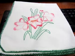 Vintage Large White Cotton Dish Towel Embroidered Pink Hibiscus 33x37 - Picture 1 of 5