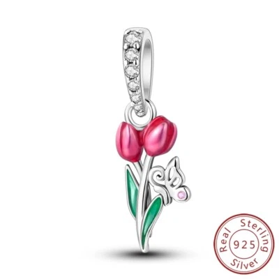 MULA Frauen 925 Silber DIY Charm CZ Rosa Emaille Tulpe Schmetterling Für Armband - Bild 1 von 4