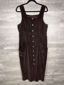 VTG Chocolate Brown Button Front Slit Jumper Dress Sz L Y2K Fall Lagenlook Flaw* - Picture 1 of 23