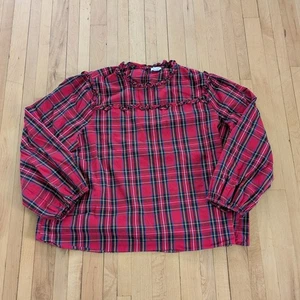J. Crew Tartan Poplin Shirt Size 2X Red Ruffles Plaid Long Sleeve Loose Relaxed - Picture 1 of 10