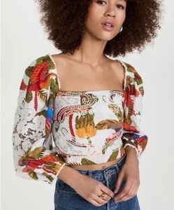 Anthropologie x Farm Rio NEW Long Sleeve Blouse Small Cropped Lace Tropical - Picture 1 of 8