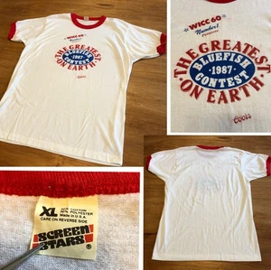 vtg 1987 Screen Star Single Stitch T-Shirt XL Graphic Ringer USA Deadstock - Picture 1 of 22