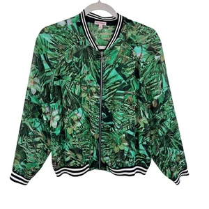 Juicy Couture grüne leichte Jacke tropischer Palmenmuster durchgehender Reißverschluss durchsichtig Gr. XL - Bild 1 von 9