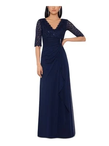 B&A BY BETSY & ADAM Womens Navy Waterfall Ruffle V-back Formal Dress 6 - Picture 1 of 3
