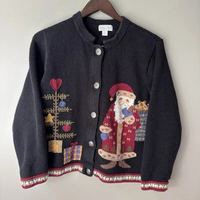Northern Isles Women's Christmas Cardigan Sweater Size Large Y2K Buttons Black - Image 1 of 4