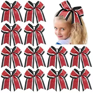 12 PCS 8" Large Glitter Cheer Bows Red Black Girl Hair Bows Sparkly Cheerlead... - Picture 1 of 7