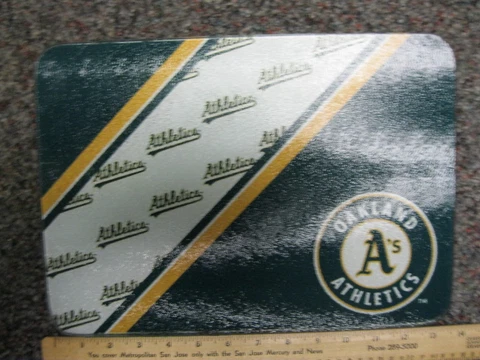 Cutting board Oakland A's Athletics glass crinkle top 13 3/4 x 9 3/4 used Cover