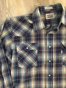 Vintage ‘70s LEVI’S SF Pearl Snaps western Cowboy Mens Shirt L Plaid Shiny Korea - Picture 1 of 10