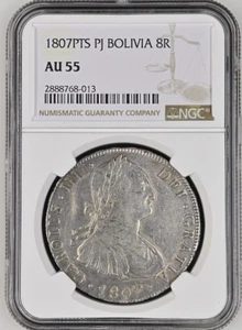 1807 PTS PJ BOLIVIA 8 reales moneda de plata CAROLUS IIII NGC AU-55 - Imagen 1 de 4