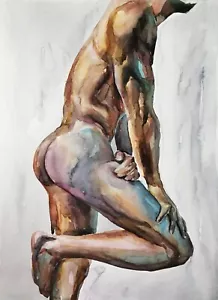 Original Watercolor Painting Naked Man Figure Portrait wall art 12x16 .5 inсhes - Picture 1 of 4