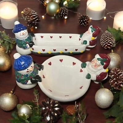 Earthenware Christmas Holiday Santa Claus & Snowman Cracker Dish & Dip Bowl Set - Image 1 of 4