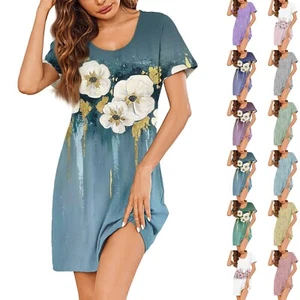 Womens Summer Dresses Short Sleeve Linen Casual T-Shirt Dresses Swing Beach - Picture 1 of 48