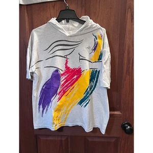 Vintage 90s Abstract Art Hooded Top One Size Short Sleeve Oversized One Size USA - Bild 1 von 4