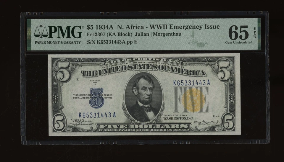 DBR 1934-A $5 North Africa Gem Fr. 2307 KA Block PMG 65 EPQ Serial K65331443A - Image 1 of 2