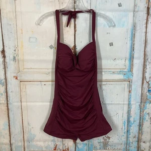 Tempt Me 1 Piece Boyshort Ruched Front Swimsuit Tie Back Top Burgandy Size L - Picture 1 of 14