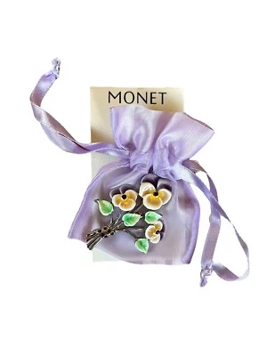 ...MONET...Silver Tone,Amethyst Purple Crystals,Enamel Flowers Brooch... - Image 1 of 4