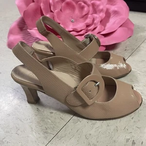 ANYI LU Sz 34.5 US 4 Tulip Patent Leather Beige/Nude Mary Jane Slingback Heels - Picture 1 of 11