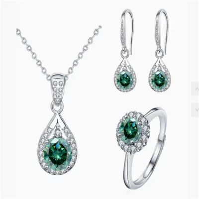 Pendientes collar anillo de plata de ley 925 moissanita verde de 3 quilates certificado GRA Foto 1 de 4