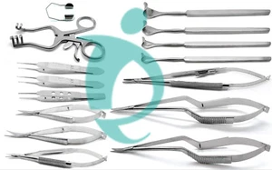 Eye Ophthalmic Scissors Retractors Forceps Speculum Surgical Premium Set of 15 - Picture 1 of 3
