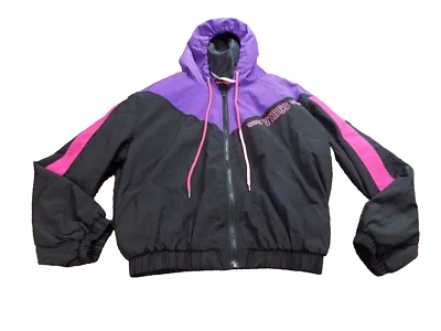 Rue 21 Retro Black Purple Hit Pink Vibes Windbreaker Jacket Full Zip Hoodie sz S - Image 1 of 4