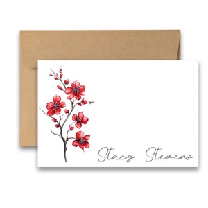 PERSONALIZED - 12 Flat Note cards Floral Stationery with Envelopes - Red Blossom - Picture 1 of 3
