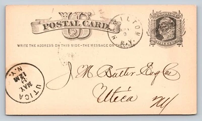 1875 UX5 Liberty 1c Postal Card National Hamilton Bank To UTICA NY Fancy Cancel - Image 1 of 3