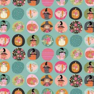 Tela de Halloween Kitty Loves Candy Fun Dots verde azulado 23907 por media yarda - Imagen 1 de 6