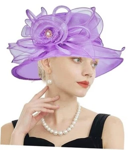Women's Kentucky Derby Church Dress Hat Wide Brim Leaf One Size F4 Purple - Picture 1 of 6