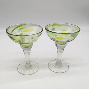 Hand Blown Art Glass  Swirl Heavy Margarita Glass Pair Clear Yellow Green 7”H - Picture 1 of 10