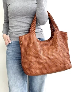 ITALIENISCHE HANDGEWEBTE & GEWASCHENE LEDER XL HANDTASCHE HOBO SCHULTERTASCHE - MADE IN ITALY - Bild 1 von 11