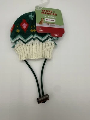 More & Merrier Dog/Cat Beanie XS/S – Green Holiday Sweater Hat - Image 1 of 3