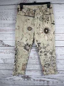 Chicos Pants Womens 12 Beige Floral Cropped Fringe Hem Boho Pattern Capri Trouse - Picture 1 of 9