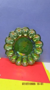 Vintage Green Carnival Glass Deviled 1 Egg Plate Iridescent Hobnail Fenton? - Picture 1 of 2
