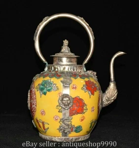 8" Marked China Silver Porcelain Fengshui Flower Beast Head Wine Tea Pot Flagon - Picture 1 of 9