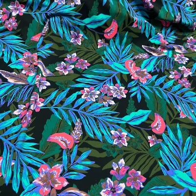 Blue Tropical Leaves and Purple Flowers Print Nylon Spandex Fabric 4 Way - Image 1 of 4