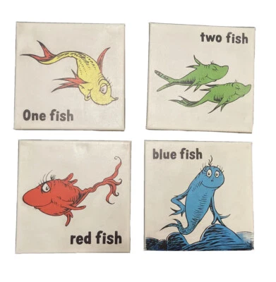 Juego de arte Dr Seuss un pez dos peces peces peces rojos peces azules lienzo 4 imágenes único Foto 1 de 4