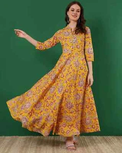 Nuevo Vestido Largo Kurta Kurti Algodón Estampado Floral Amarillo Mujer India - Imagen 1 de 7