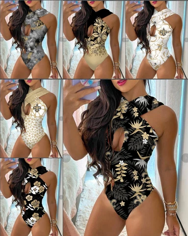 New Orleans Saints One Piece Halter Neck Bathing Suit Front Cutout Swimwear Cover